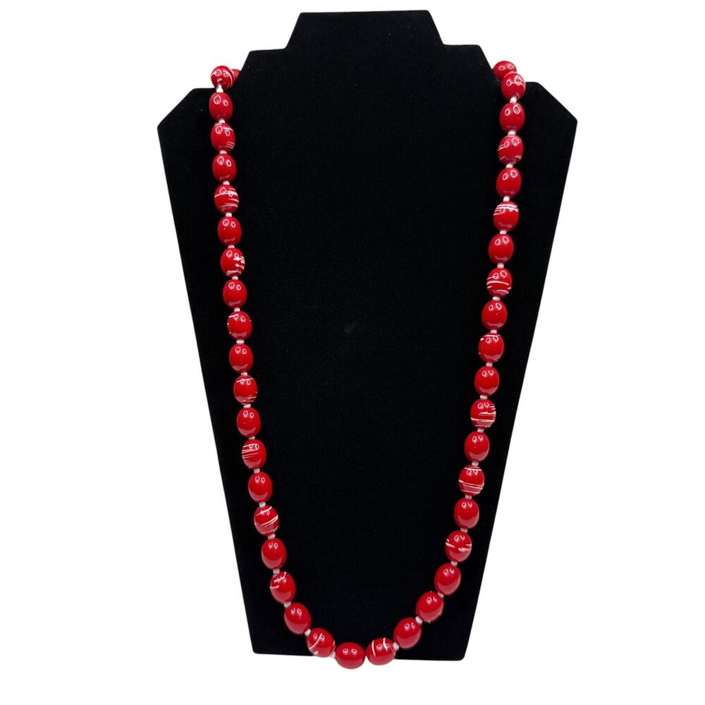 Vintage Red & Peach Striped Oval Beaded Necklace Long Gold Tone Clasp 30 in L